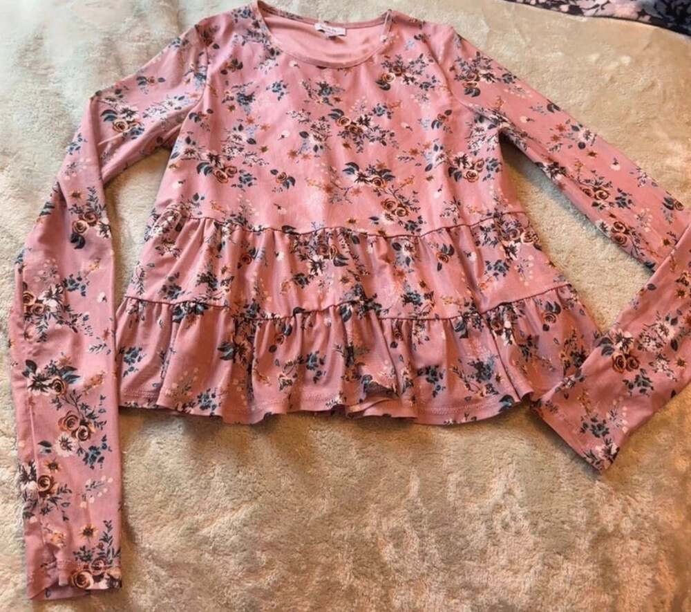 Lovefire Pink Floral Print Long Sleeve Tiered Peplum Blouse